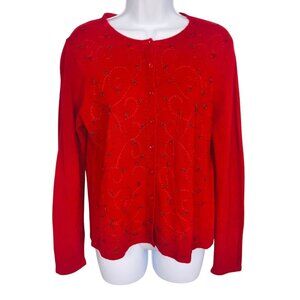 Womens Cardigan Sweater Size M Red Floral Embroidered Soft